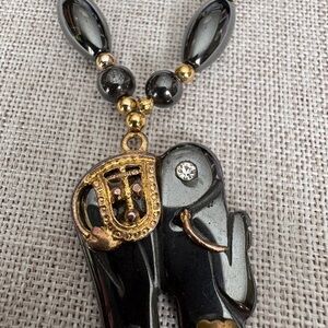 Black and Gold-Toned Hematite Elephant Pendant Necklace